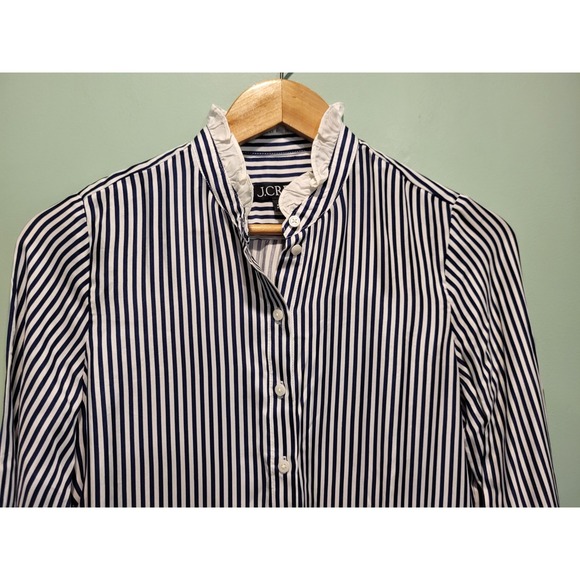 J Crew Blue White Stripe Ruffle Trim Cupro Blend Button Up Shirt Old Money XS - Picture 3 of 6